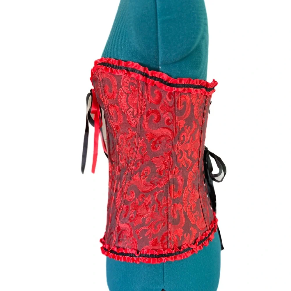 Red Satin Over-bust Semi-plunge Boned Lace Corset Waist Trainer Size L